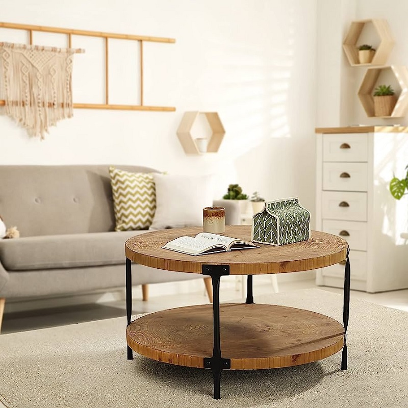 Awescuti Round Boho Wood Coffee Table Suitable for Living Room