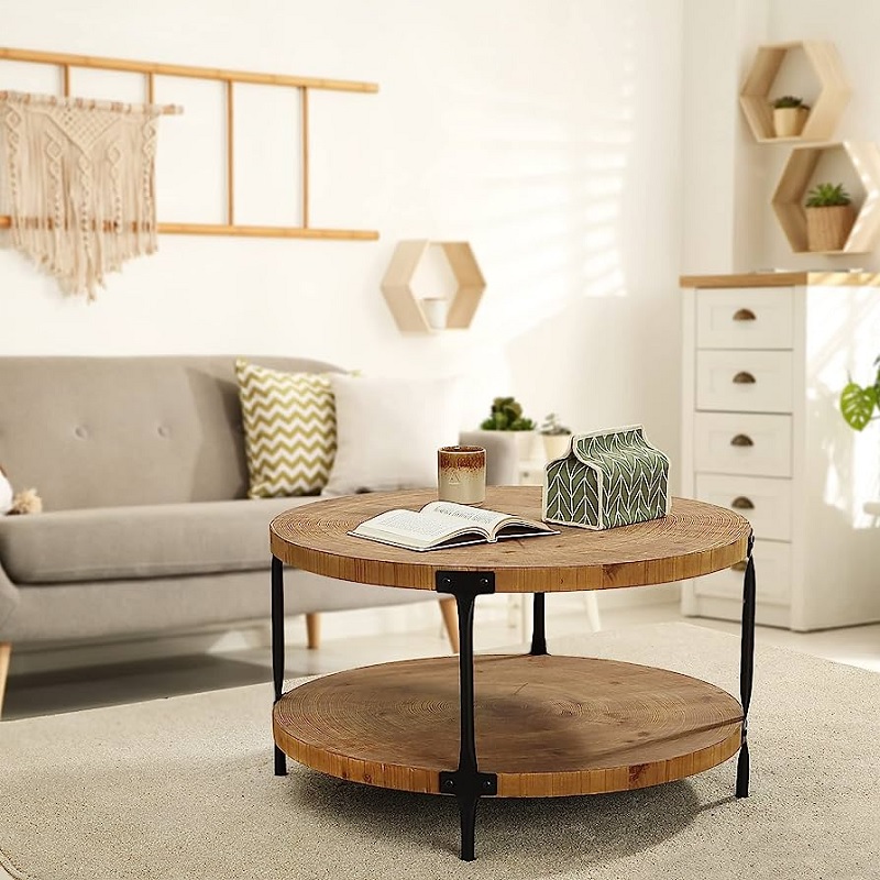 Awescuti Round Boho Wood Coffee Table Suitable for Living Room 